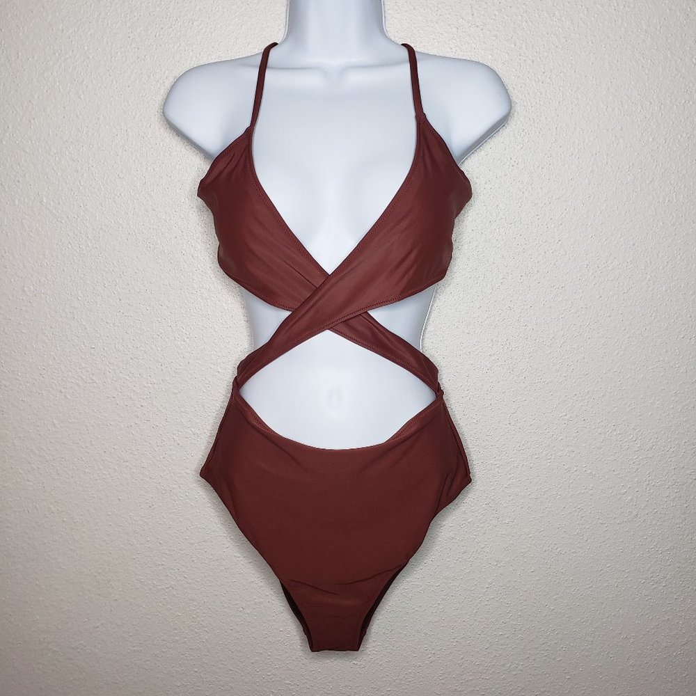 Aerie Sz L Brown Criss Cross One Piece Swimsuit (617)
